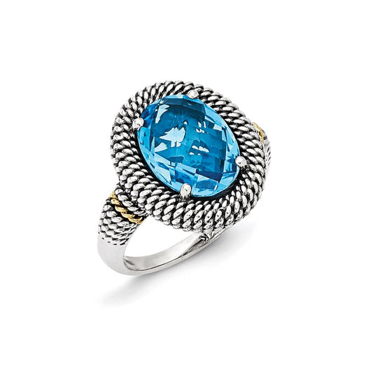 14K/Silver Two Tone Sterling Silver 14K Antiqued Blue Topaz Ring