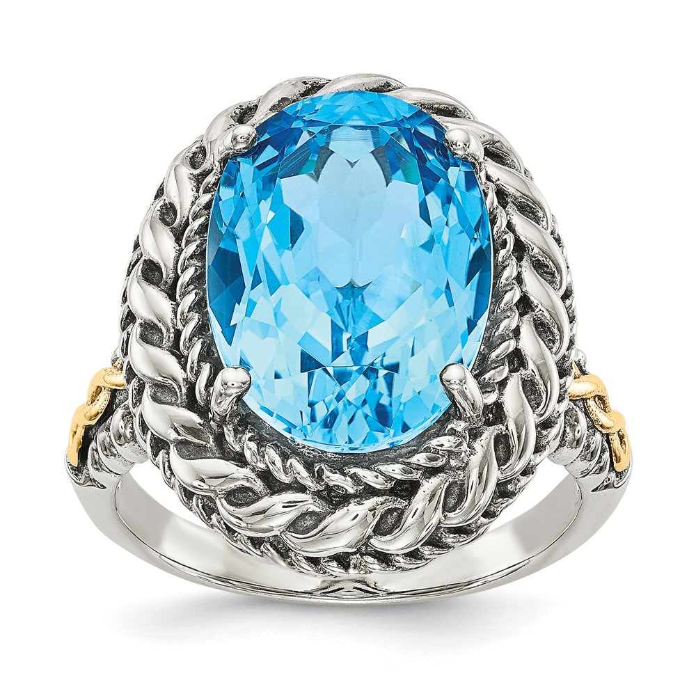 14K/Silver Two Tone Shey Couture Sterling Silver With 14K Accent Antiqued Oval Blue Topaz Ring (Size 7 Only)