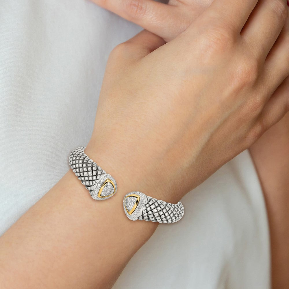 14K/Silver Two Tone Shey Couture Sterling Silver With 14K Accent Antiqued 1/2 Carat Diamond Hinged Cuff Bracelet