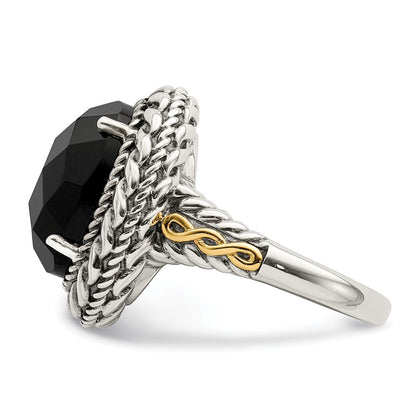 14K/Silver Two Tone Shey Couture Sterling Silver With 14K Accent Antiqued Checkerboard Cut Black Onyx Ring