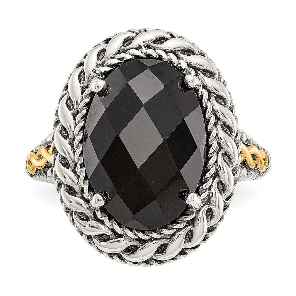 14K/Silver Two Tone Shey Couture Sterling Silver With 14K Accent Antiqued Checkerboard Cut Black Onyx Ring