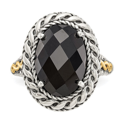 14K/Silver Two Tone Shey Couture Sterling Silver With 14K Accent Antiqued Checkerboard Cut Black Onyx Ring
