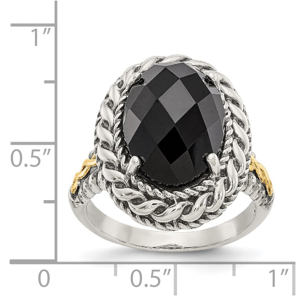14K/Silver Two Tone Shey Couture Sterling Silver With 14K Accent Antiqued Checkerboard Cut Black Onyx Ring