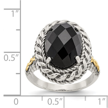 14K/Silver Two Tone Shey Couture Sterling Silver With 14K Accent Antiqued Checkerboard Cut Black Onyx Ring