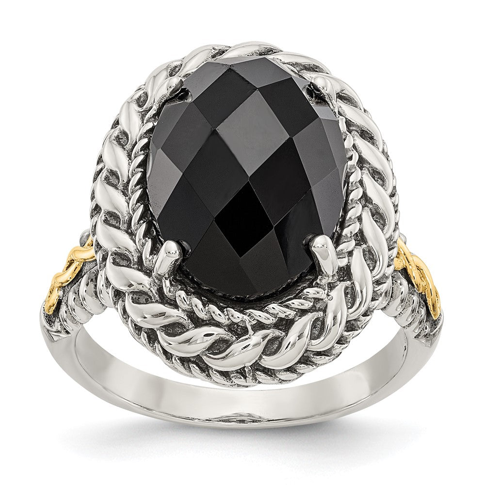 14K/Silver Two Tone Shey Couture Sterling Silver With 14K Accent Antiqued Checkerboard Cut Black Onyx Ring