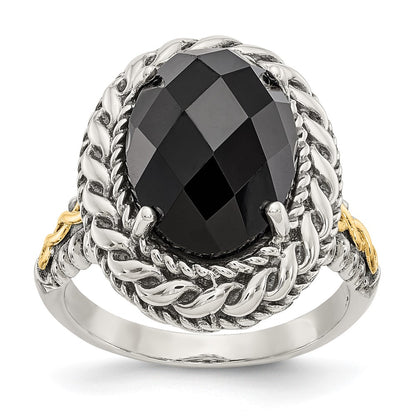 14K/Silver Two Tone Shey Couture Sterling Silver With 14K Accent Antiqued Checkerboard Cut Black Onyx Ring