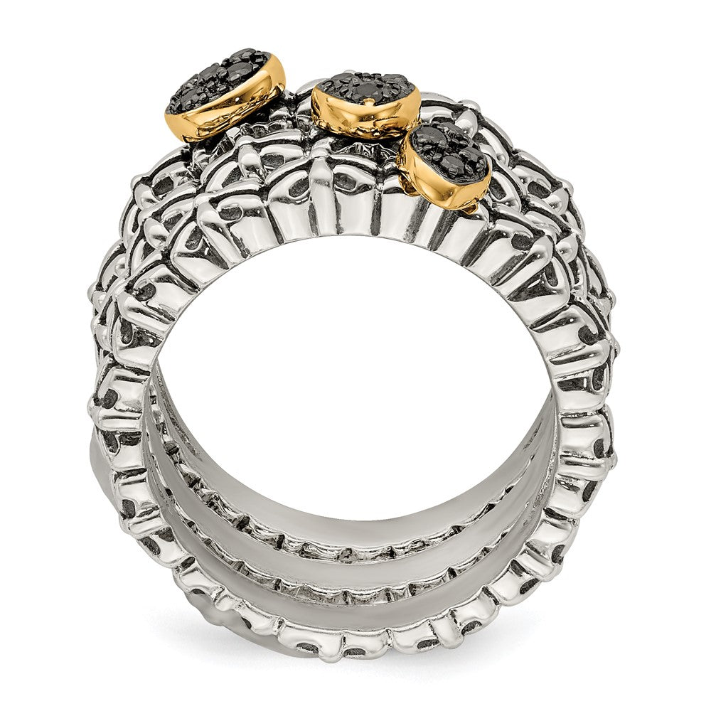 14K/Silver Two Tone Sterling Silver 14K Black Diamond 3 Stackable Rings