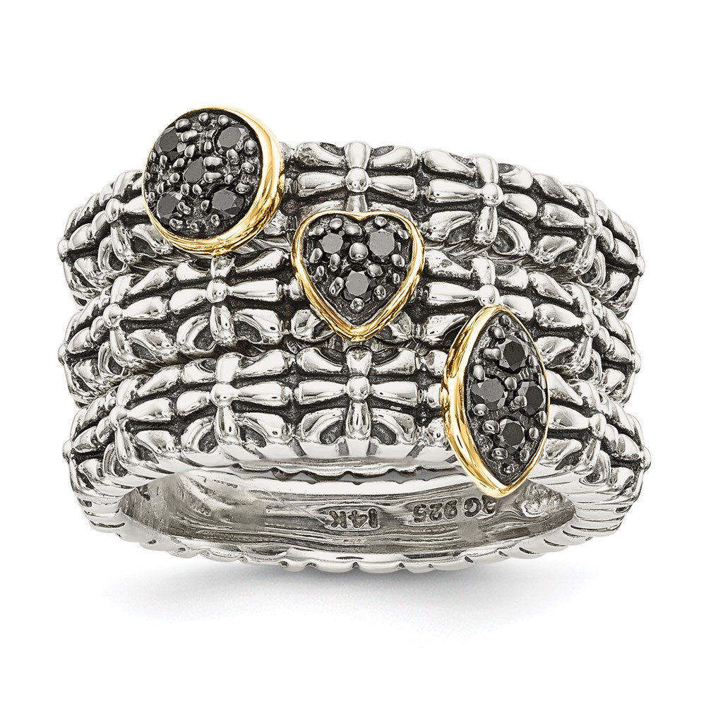 14K/Silver Two Tone Sterling Silver 14K Black Diamond 3 Stackable Rings