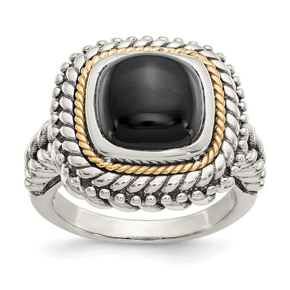 14K/Silver Two Tone Shey Couture Sterling Silver With 14K Accent Antiqued Cabochon Black Onyx Ring