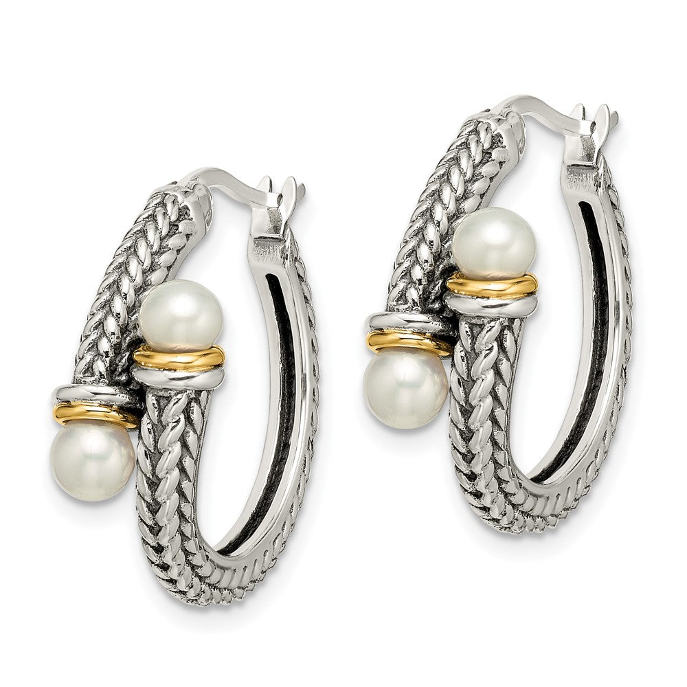 14K/Silver Two Tone Shey Couture Sterling Silver With 14K Accent Antiqued 4mm Freshwater Cultured Pearl Hoop Earrings