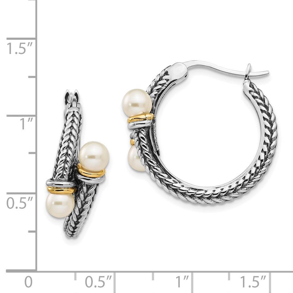 14K/Silver Two Tone Shey Couture Sterling Silver With 14K Accent Antiqued 4mm Freshwater Cultured Pearl Hoop Earrings