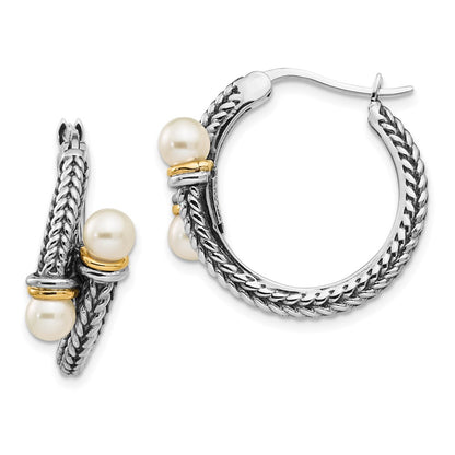 14K/Silver Two Tone Shey Couture Sterling Silver With 14K Accent Antiqued 4mm Freshwater Cultured Pearl Hoop Earrings