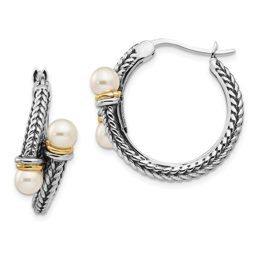 14K/Silver Two Tone Shey Couture Sterling Silver With 14K Accent Antiqued 4mm Freshwater Cultured Pearl Hoop Earrings