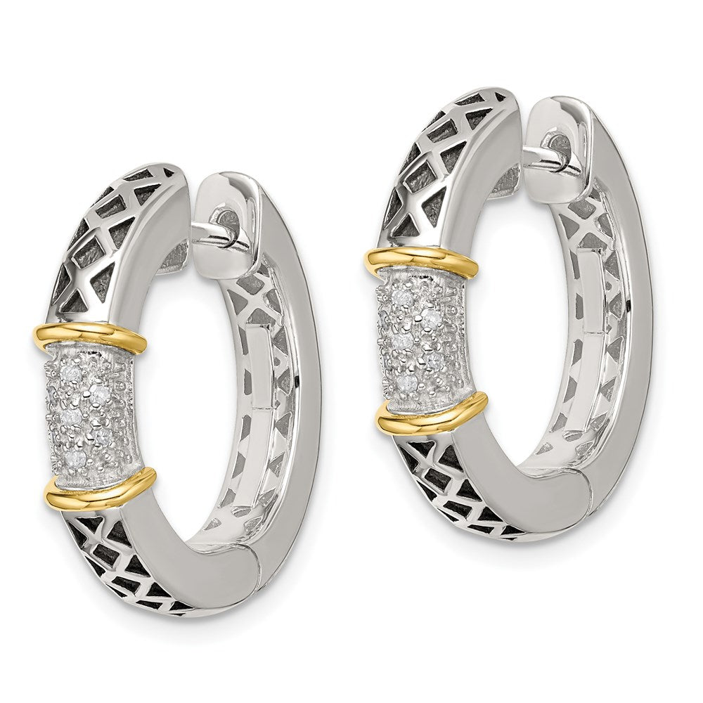 14K/Silver Two Tone Shey Couture Sterling Silver With 14K Accent Antiqued Diamond Hinged Hoop Earrings