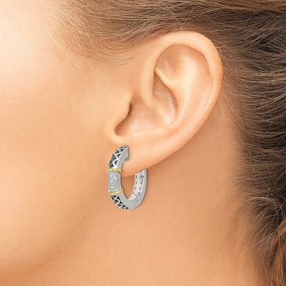 14K/Silver Two Tone Shey Couture Sterling Silver With 14K Accent Antiqued Diamond Hinged Hoop Earrings