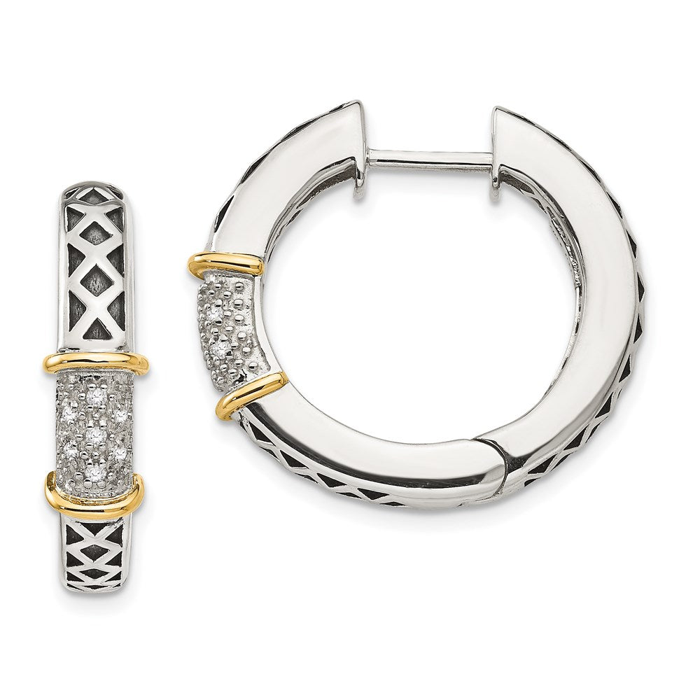14K/Silver Two Tone Shey Couture Sterling Silver With 14K Accent Antiqued Diamond Hinged Hoop Earrings