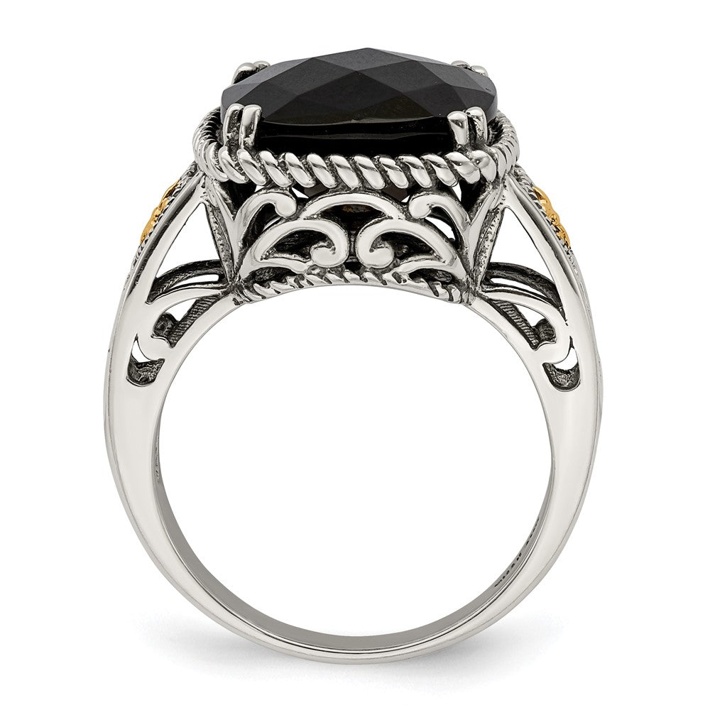 14K/Silver Two Tone Shey Couture Sterling Silver With 14K Accent Antiqued Checkerboard Cut Black Onyx Ring