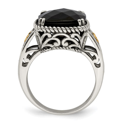 14K/Silver Two Tone Shey Couture Sterling Silver With 14K Accent Antiqued Checkerboard Cut Black Onyx Ring