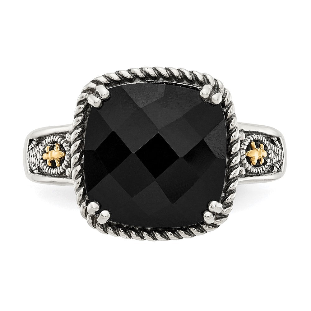 14K/Silver Two Tone Shey Couture Sterling Silver With 14K Accent Antiqued Checkerboard Cut Black Onyx Ring