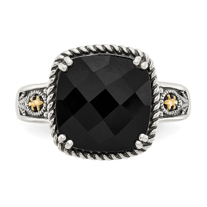 14K/Silver Two Tone Shey Couture Sterling Silver With 14K Accent Antiqued Checkerboard Cut Black Onyx Ring