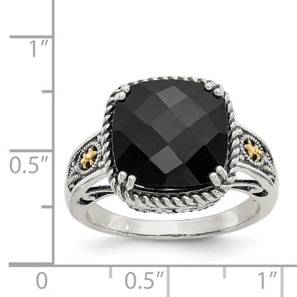14K/Silver Two Tone Shey Couture Sterling Silver With 14K Accent Antiqued Checkerboard Cut Black Onyx Ring