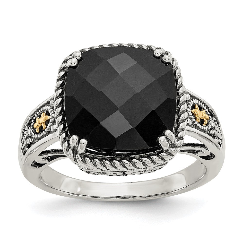14K/Silver Two Tone Shey Couture Sterling Silver With 14K Accent Antiqued Checkerboard Cut Black Onyx Ring