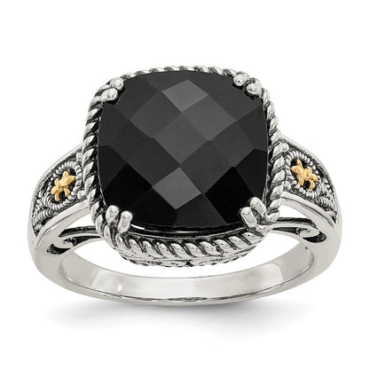 14K/Silver Two Tone Shey Couture Sterling Silver With 14K Accent Antiqued Checkerboard Cut Black Onyx Ring