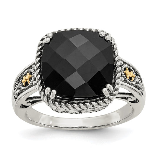 14K/Silver Two Tone Shey Couture Sterling Silver With 14K Accent Antiqued Checkerboard Cut Black Onyx Ring