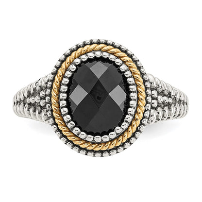 14K/Silver Two Tone Shey Couture Sterling Silver With 14K Accent Antiqued Checkerboard Cut Black Onyx Ring