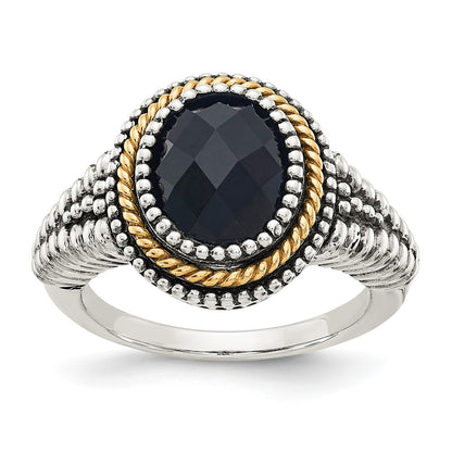 14K/Silver Two Tone Shey Couture Sterling Silver With 14K Accent Antiqued Checkerboard Cut Black Onyx Ring