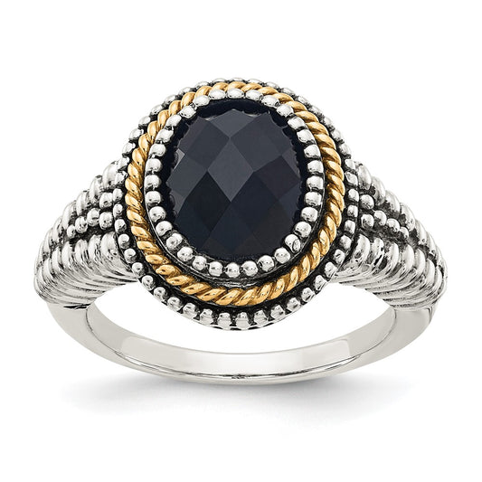 14K/Silver Two Tone Shey Couture Sterling Silver With 14K Accent Antiqued Checkerboard Cut Black Onyx Ring
