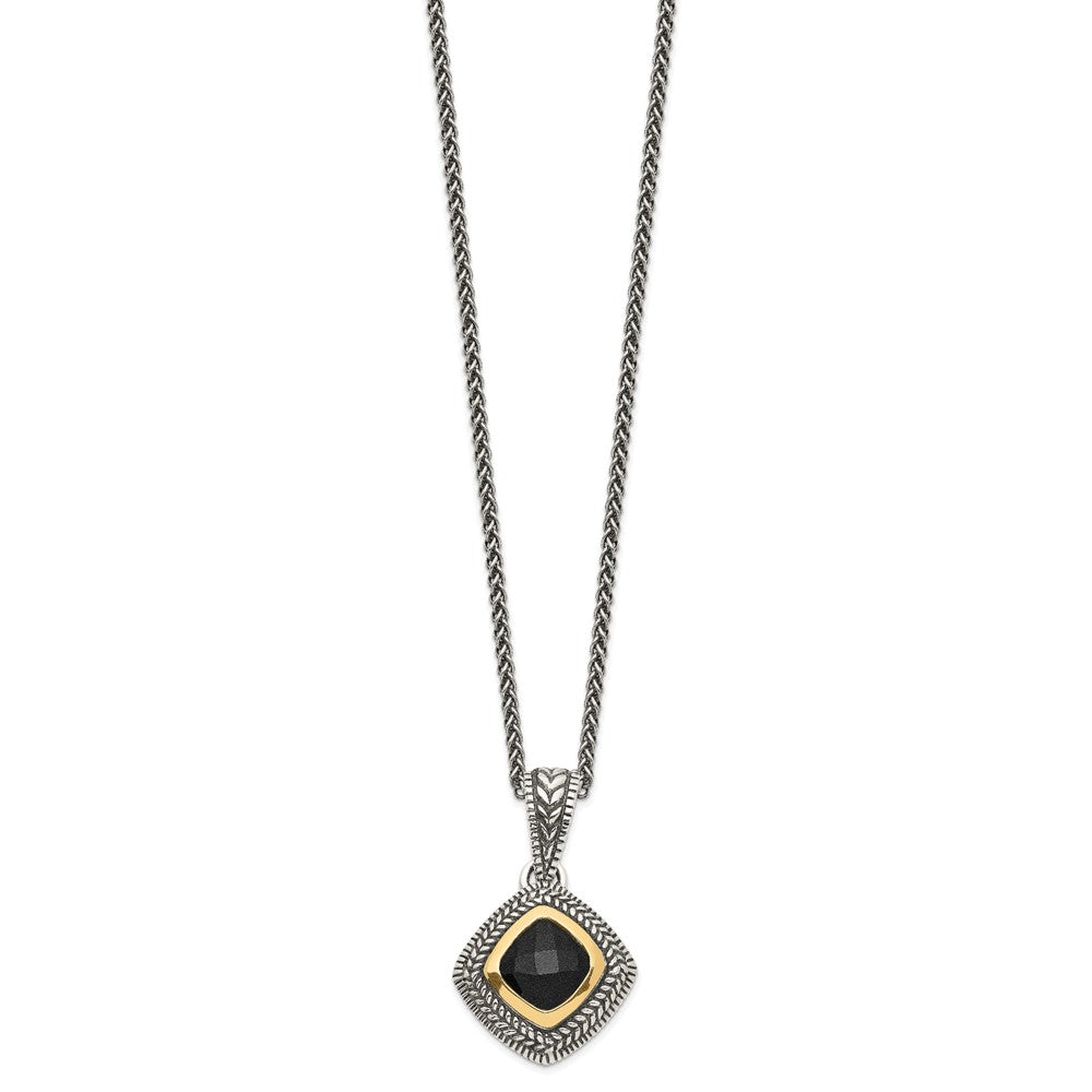14K/Silver Two Tone Shey Couture Sterling Silver With 14K Accent 18 Inch Antiqued Checkerboard Cut Black Onyx Necklace
