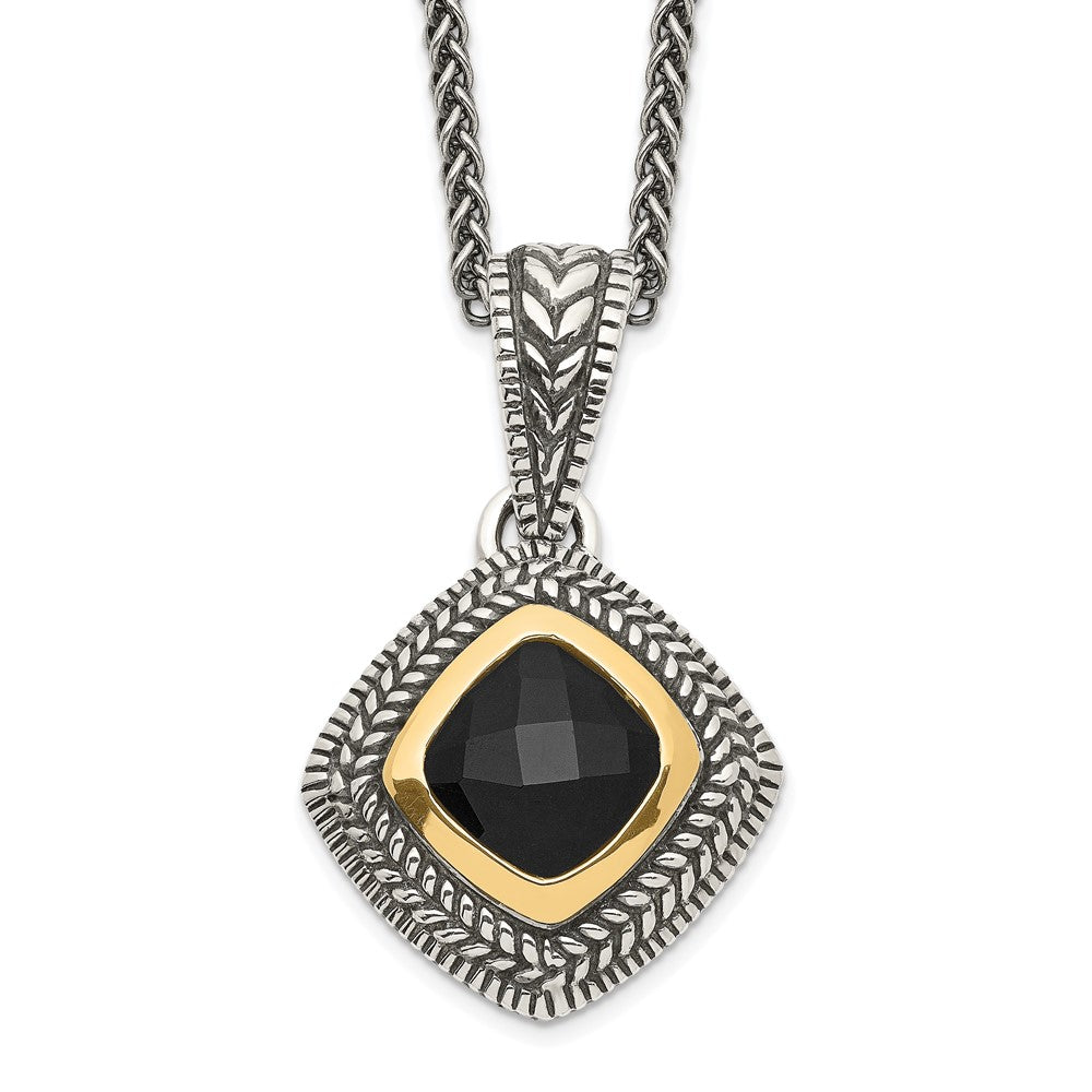14K/Silver Two Tone Shey Couture Sterling Silver With 14K Accent 18 Inch Antiqued Checkerboard Cut Black Onyx Necklace