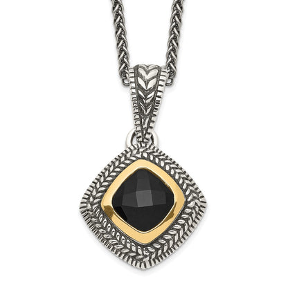 14K/Silver Two Tone Shey Couture Sterling Silver With 14K Accent 18 Inch Antiqued Checkerboard Cut Black Onyx Necklace