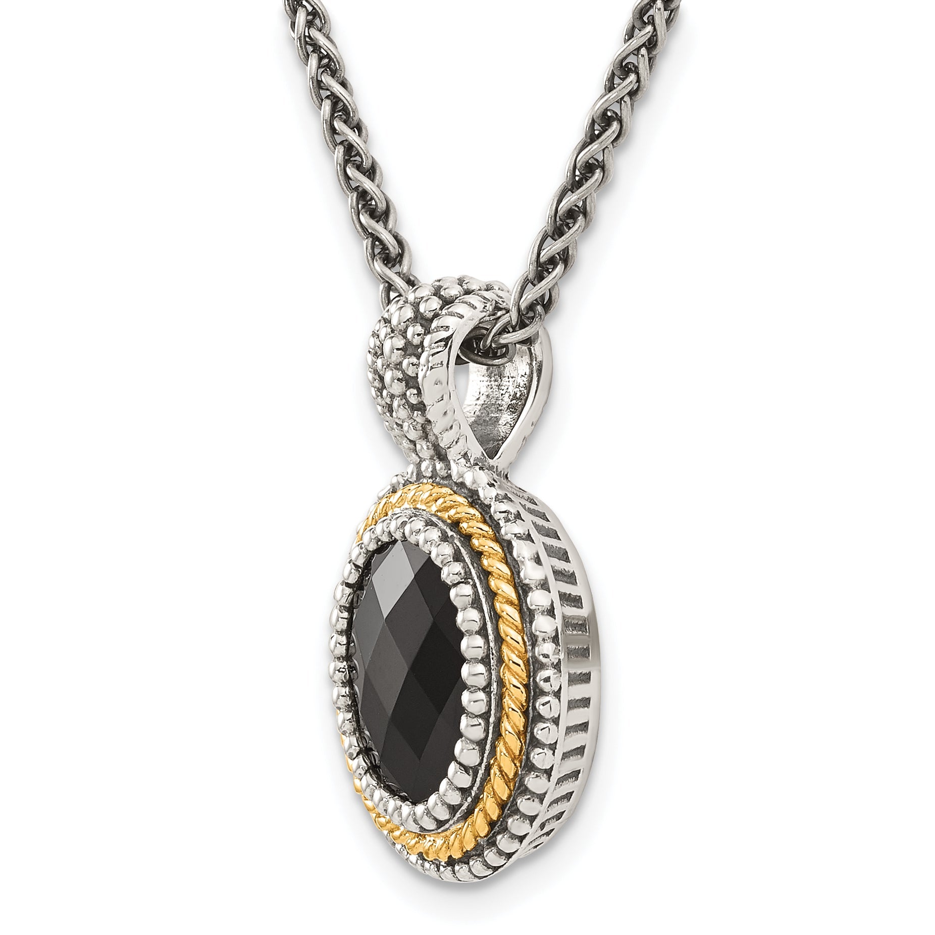 14K/Silver Two Tone Shey Couture Sterling Silver With 14K Accent 18 Inch Antiqued Checkerboard Cut Black Onyx Necklace