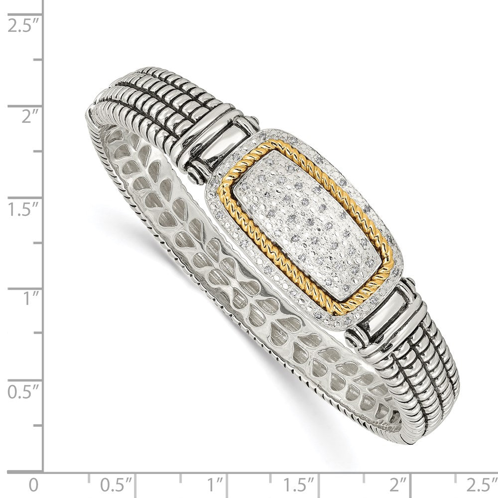 14K/Silver Two Tone Shey Couture Sterling Silver With 14K Accent Antiqued 1/4 Carat Diamond Hinged Bangle Bracelet