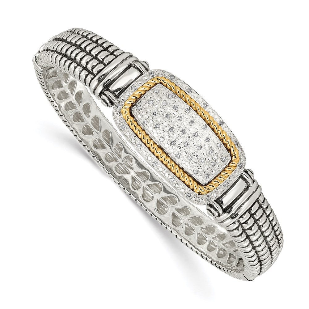 14K/Silver Two Tone Shey Couture Sterling Silver With 14K Accent Antiqued 1/4 Carat Diamond Hinged Bangle Bracelet