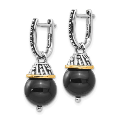 14K/Silver Two Tone Shey Couture Sterling Silver With 14K Accent Antiqued Black Onyx Hinged Hoop Dangle Earrings
