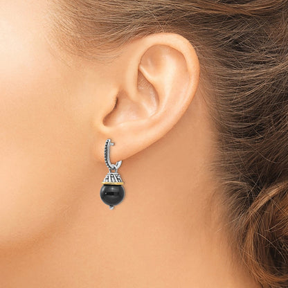 14K/Silver Two Tone Shey Couture Sterling Silver With 14K Accent Antiqued Black Onyx Hinged Hoop Dangle Earrings