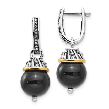 14K/Silver Two Tone Shey Couture Sterling Silver With 14K Accent Antiqued Black Onyx Hinged Hoop Dangle Earrings