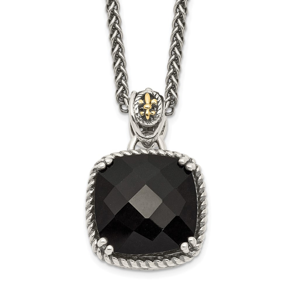 14K/Silver Two Tone Shey Couture Sterling Silver With 14K Accent 18 Inch Antiqued Checkerboard Cut Black Onyx Necklace