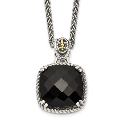 14K/Silver Two Tone Shey Couture Sterling Silver With 14K Accent 18 Inch Antiqued Checkerboard Cut Black Onyx Necklace