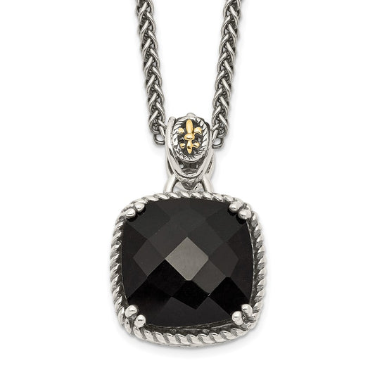 14K/Silver Two Tone Shey Couture Sterling Silver With 14K Accent 18 Inch Antiqued Checkerboard Cut Black Onyx Necklace