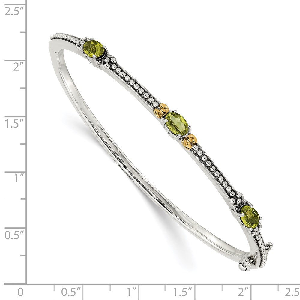 14K/Silver Two Tone Shey Couture Sterling Silver With 14K Accent Antiqued Oval Peridot Hinged Bangle