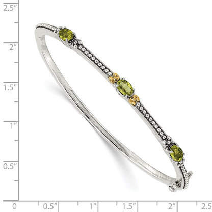 14K/Silver Two Tone Shey Couture Sterling Silver With 14K Accent Antiqued Oval Peridot Hinged Bangle