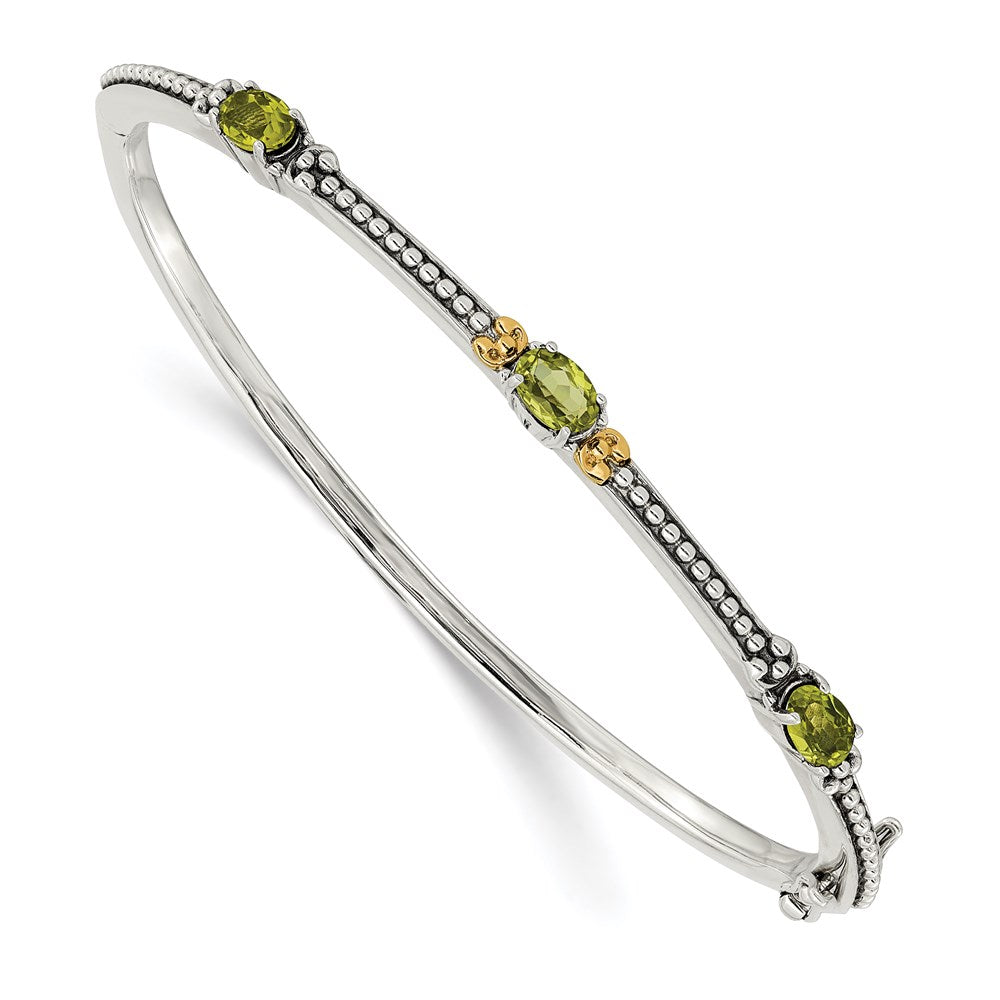 14K/Silver Two Tone Shey Couture Sterling Silver With 14K Accent Antiqued Oval Peridot Hinged Bangle