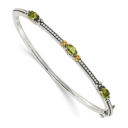 14K/Silver Two Tone Shey Couture Sterling Silver With 14K Accent Antiqued Oval Peridot Hinged Bangle
