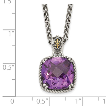 14K/Silver Two Tone Shey Couture Sterling Silver With 14K Accent 18 Inch Antiqued Cushion Checkerboard Amethyst Necklace