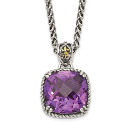 14K/Silver Two Tone Shey Couture Sterling Silver With 14K Accent 18 Inch Antiqued Cushion Checkerboard Amethyst Necklace