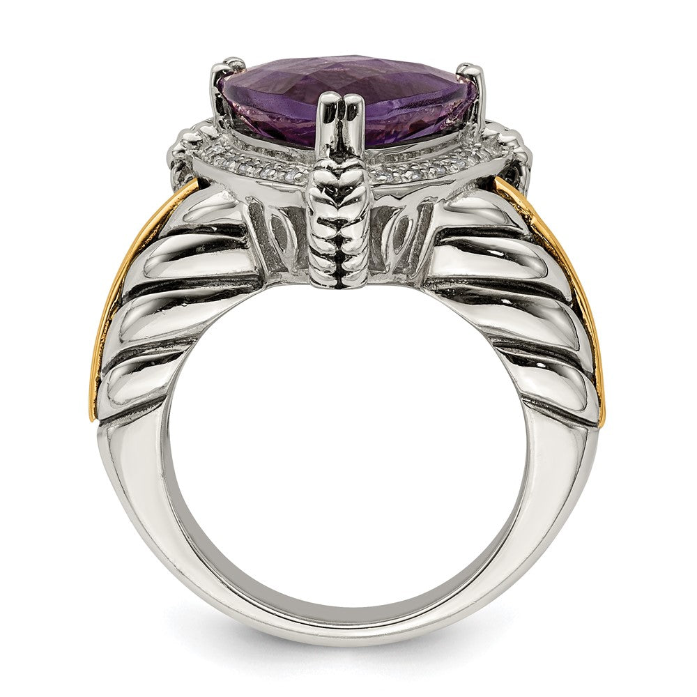 14K/Silver Two Tone Shey Couture Sterling Silver With 14K Accent Antiqued Trillion Amethyst And Diamond Ring